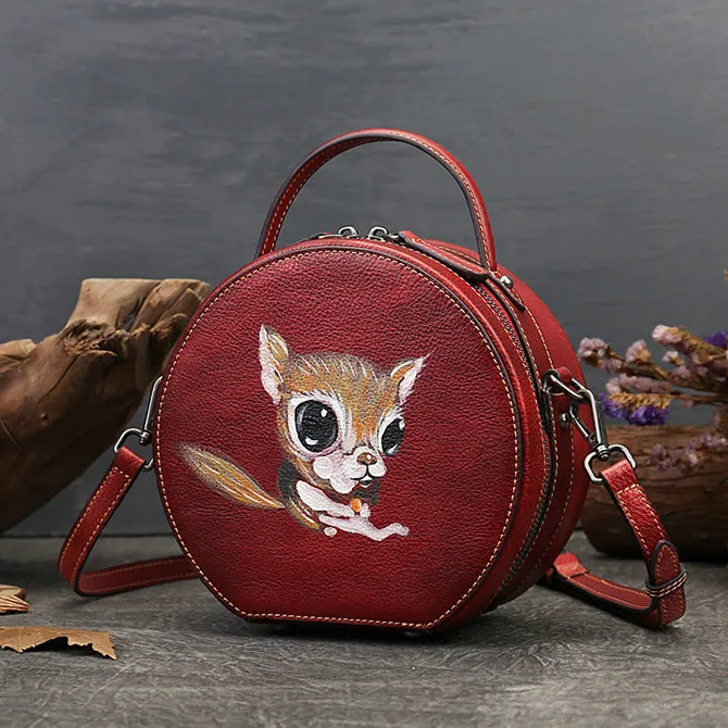 Ladies Leather Circle Bag With Hand-drawn Squirrel Side Bags For Women