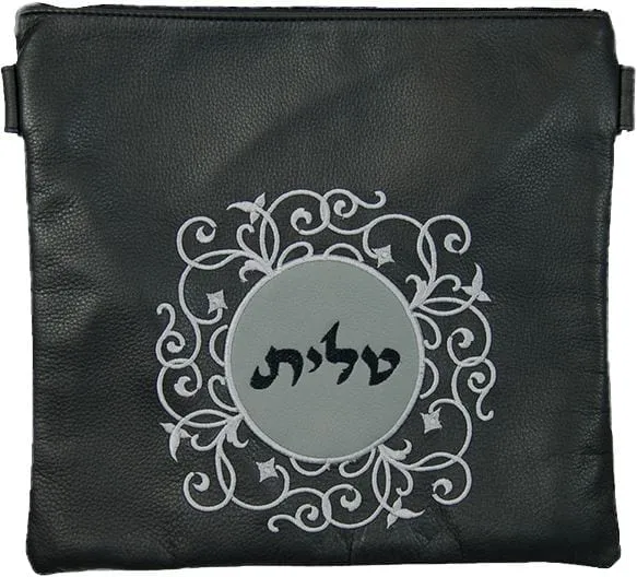 Leather Tallis &amp; Tefillin Bag Circular design with a contrasting Leather patch 260D-BK