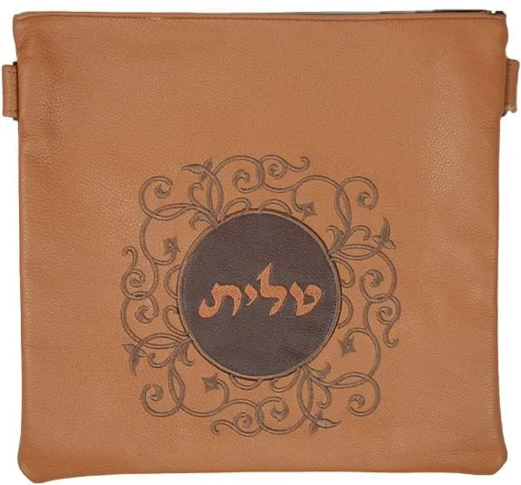 Leather Tallis &amp; Tefillin Bag Circular design with a contrasting Leather patch 260D-TN