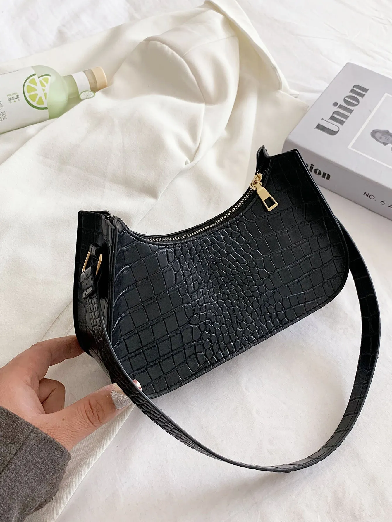 Minimalist Croc Embossed Shoulder Bag