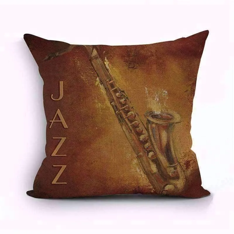 Music Themed Cushion Pillow Case Cover with Music Notes and Piano Various Patterns - Keyboard, Guitar, Piano, Saxophone, French Horn, Trumpet