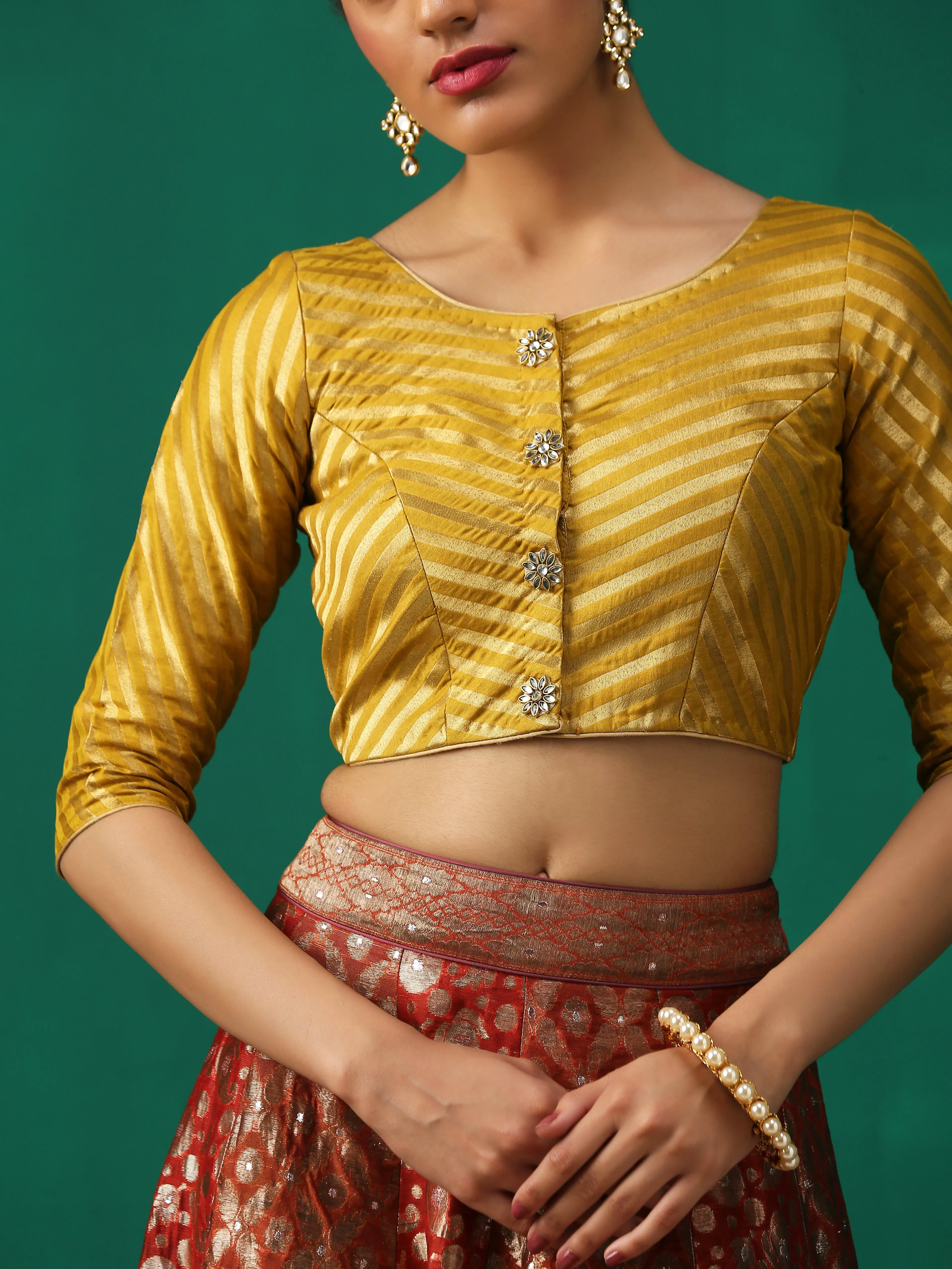 Mustard Kundan appliques Short Sleeve Blouse