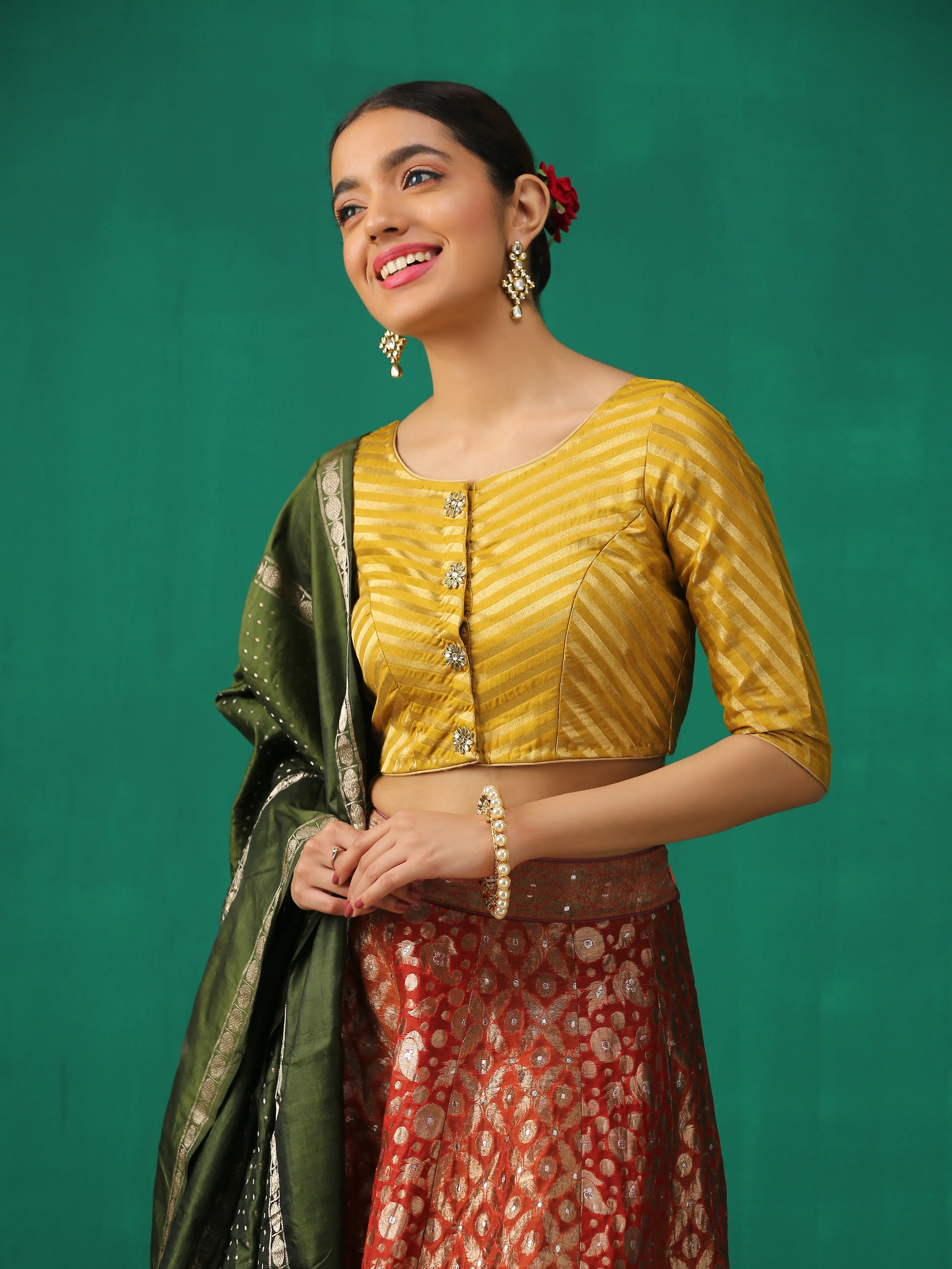 Mustard Kundan appliques Short Sleeve Blouse