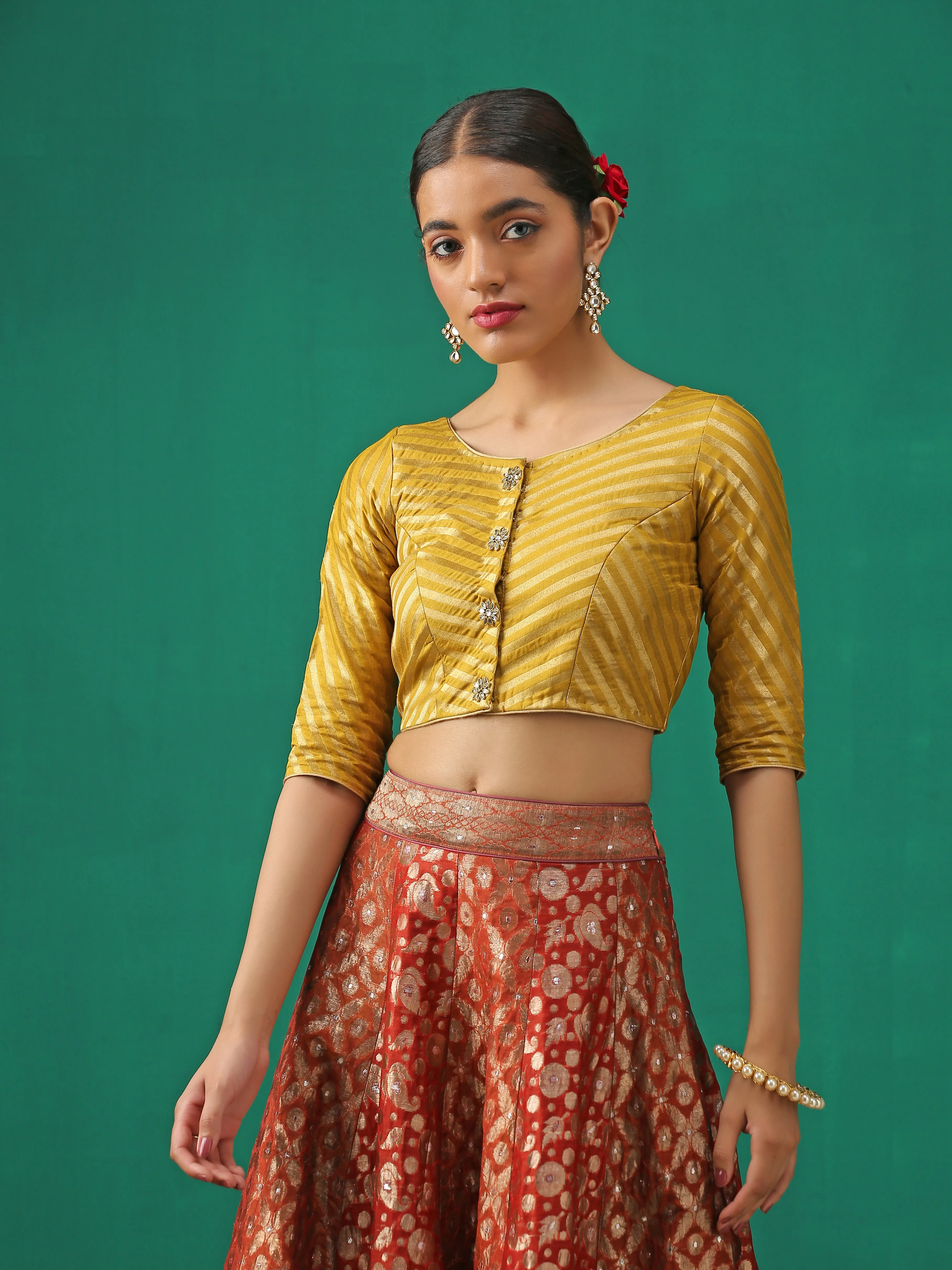 Mustard Kundan appliques Short Sleeve Blouse