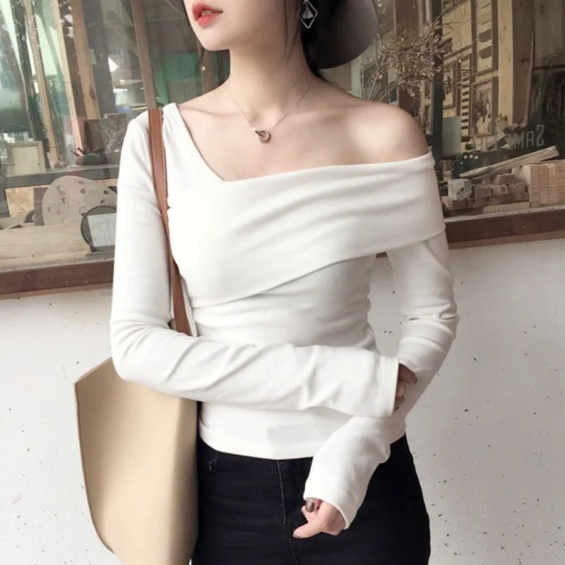 Off Shoulder Women's T-shirt Slim Long Sleeve Asymmetric Tops Female Korean Fashion Shirt Clothes Spring