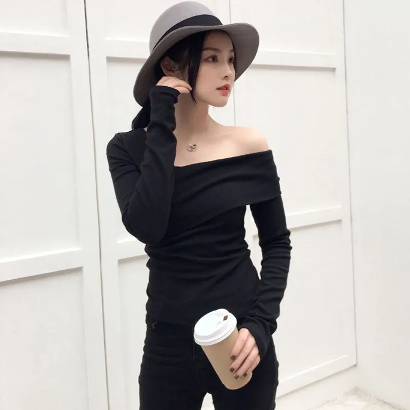 Off Shoulder Women's T-shirt Slim Long Sleeve Asymmetric Tops Female Korean Fashion Shirt Clothes Spring