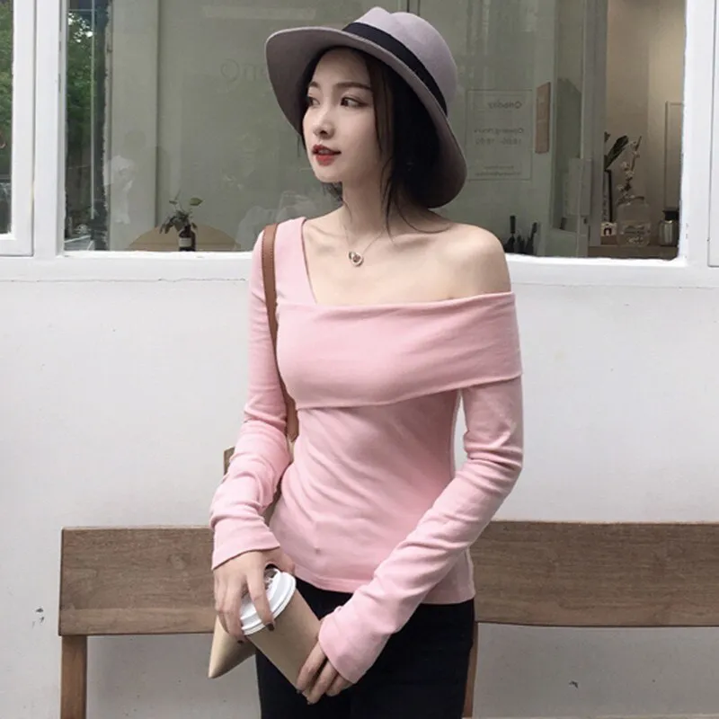 Off Shoulder Women's T-shirt Slim Long Sleeve Asymmetric Tops Female Korean Fashion Shirt Clothes Spring