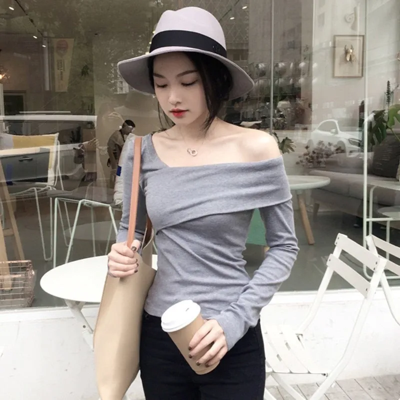 Off Shoulder Women's T-shirt Slim Long Sleeve Asymmetric Tops Female Korean Fashion Shirt Clothes Spring