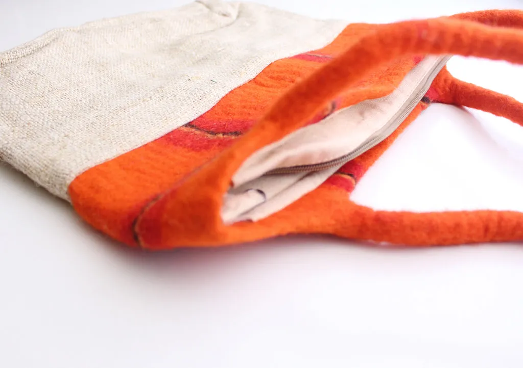 Orange and Black Felt Wool Lining Hemp Shoulder Carry Bag