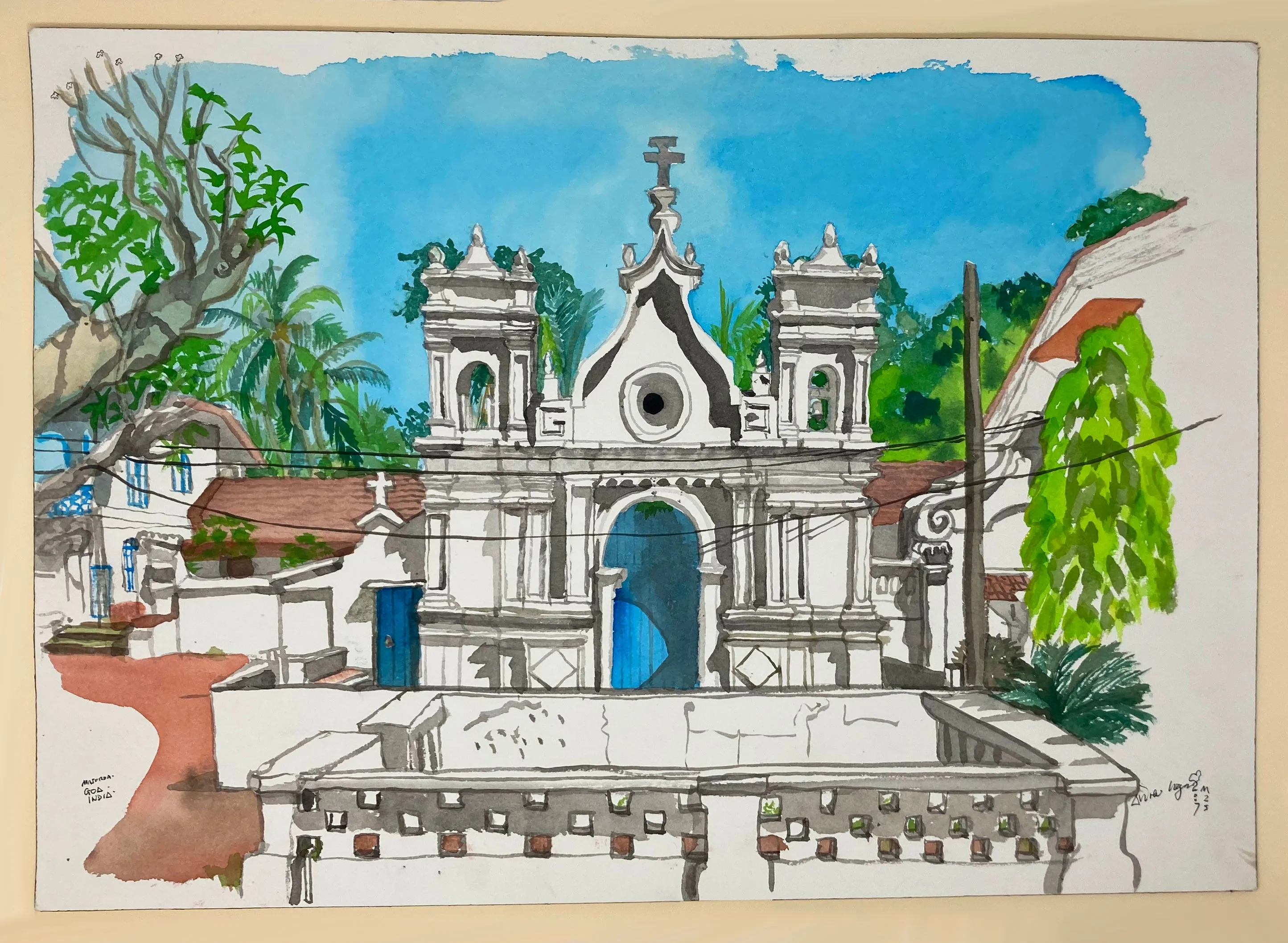 ORIGINAL WATERCOLOUR OF MAJORDA IN GOA, INDIA - ANDREW LOGAN 2007