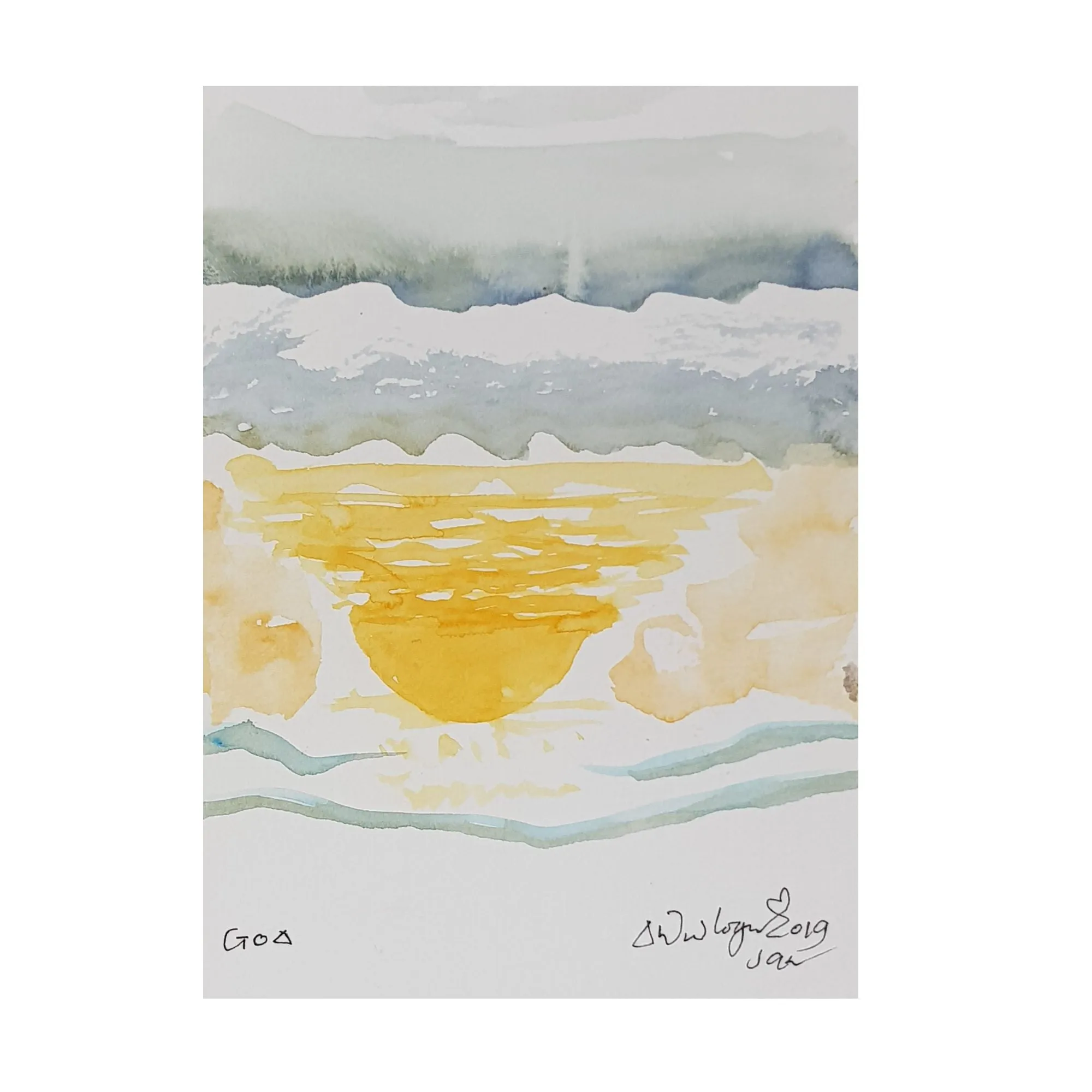 ORIGINAL WATERCOLOUR OF REFLECTED SUN IN GOA, INDIA - ANDREW LOGAN 2019