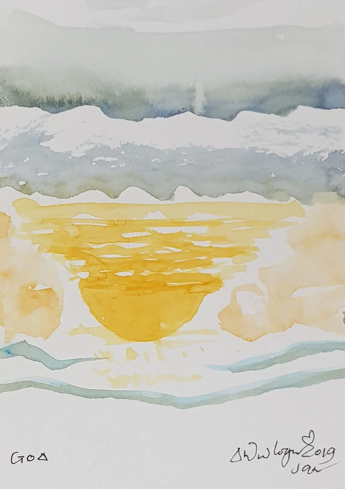 ORIGINAL WATERCOLOUR OF REFLECTED SUN IN GOA, INDIA - ANDREW LOGAN 2019