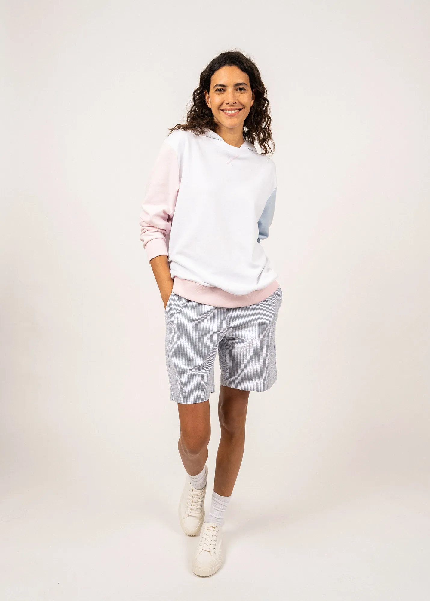 PAULINE - Cotton Hoodie with Contrasting Sleeves | 100% Pima Cotton (WHITE / PALE PINK / LIGHT BLUE)