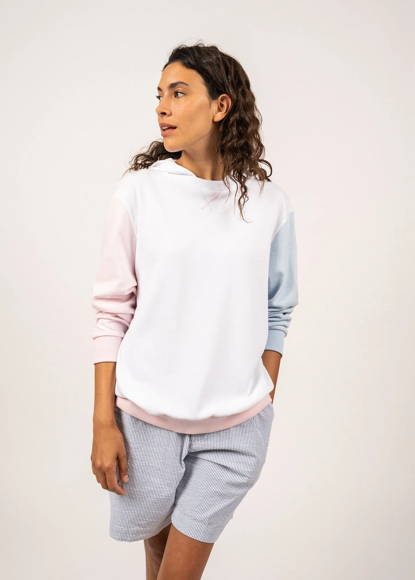 PAULINE - Cotton Hoodie with Contrasting Sleeves | 100% Pima Cotton (WHITE / PALE PINK / LIGHT BLUE)