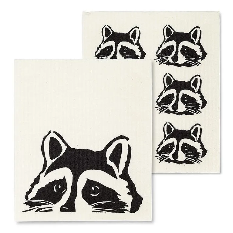 PEEKING RACCOON DISHCLOTHS.  SET OF 2