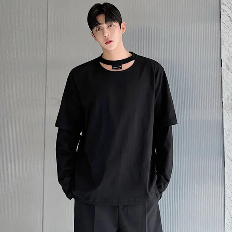 Personality Men's T-shirts Hollow Out Round Collar Long Sleeve Male Tops Solid Color Casual Tees Stylish Summer 9C6411