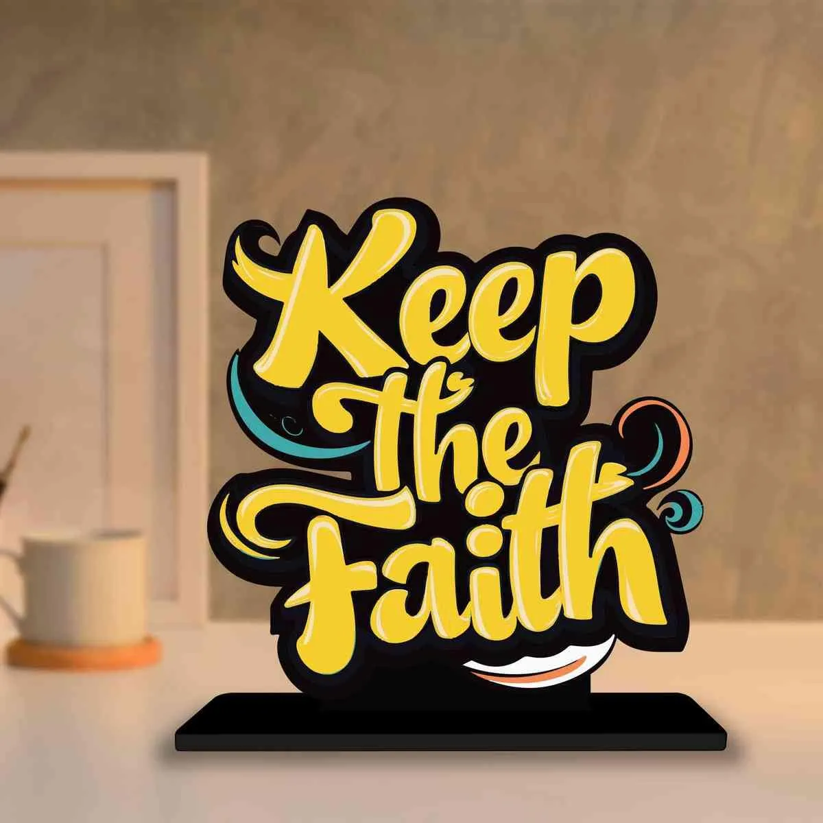 PICKYPOMP Wooden Idols and Figurins Keep The Faith Motivational Quote Table Decor for Office Desk, Study Table, Living Room, Home Decor Item, Wood Showpieces Decorative Gift - P0079