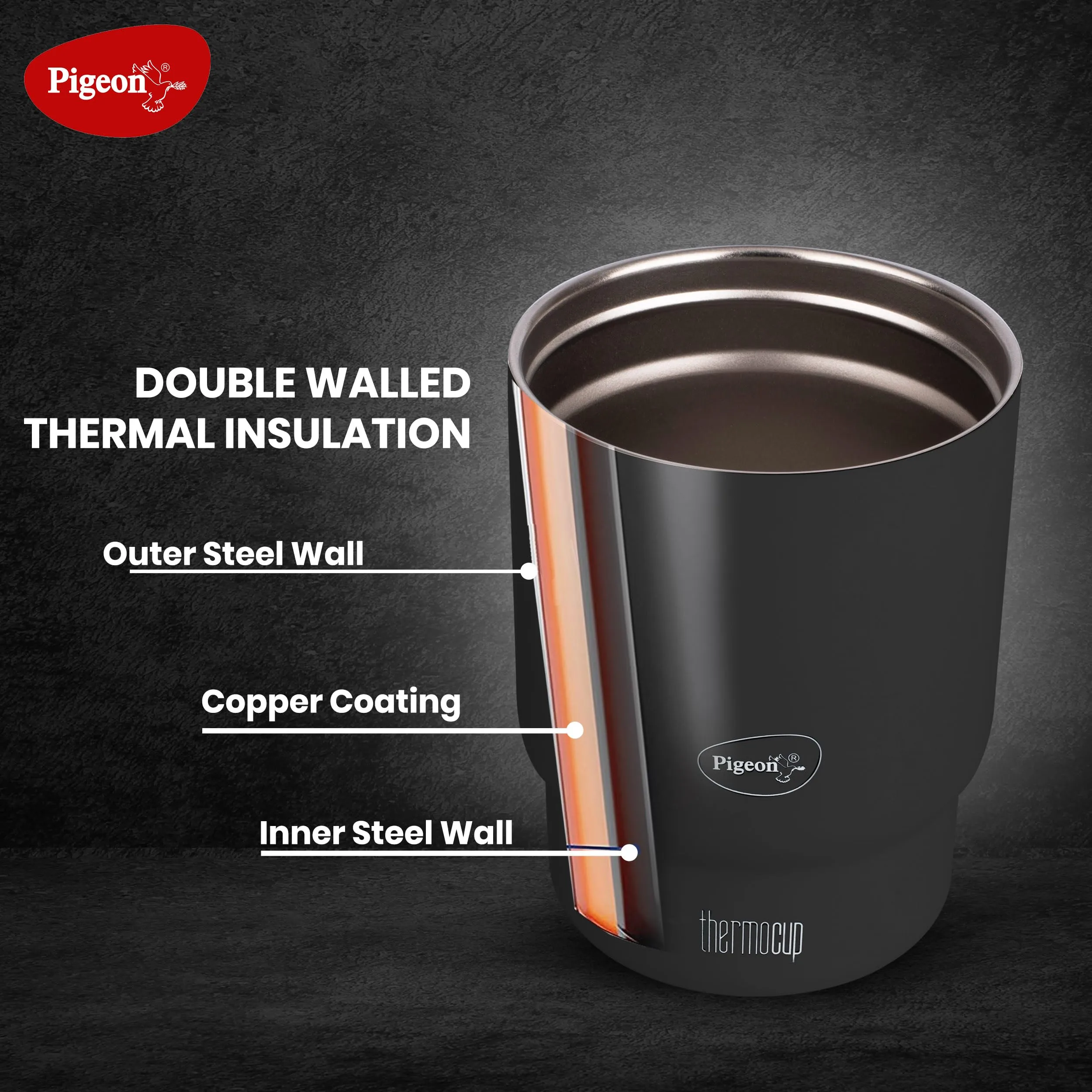 Pigeon Thermocup 350 ml: Stainless Steel Vacuum Insulated Coffee Cup/Tumbler for Hot and Cold Drinks, BPA-Free, Leak-Proof, Coffee Mug with Double Lid – Ideal for Car, Home, Office, Travelling|Black