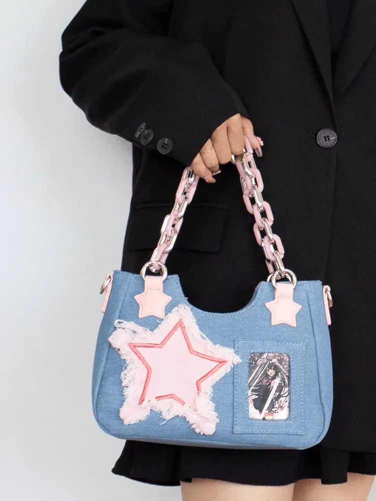 Pink Star Acrylic Chain Denim Crossbody Bag