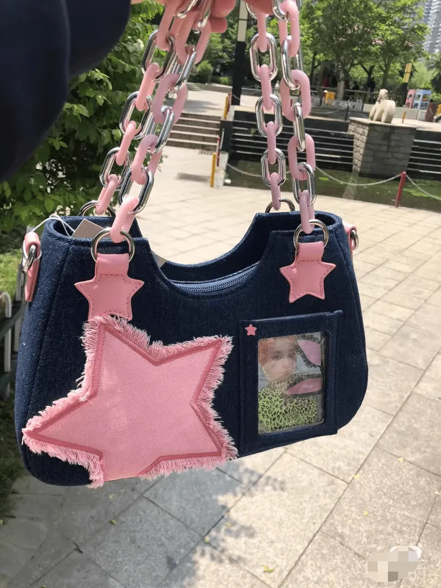 Pink Star Acrylic Chain Denim Crossbody Bag