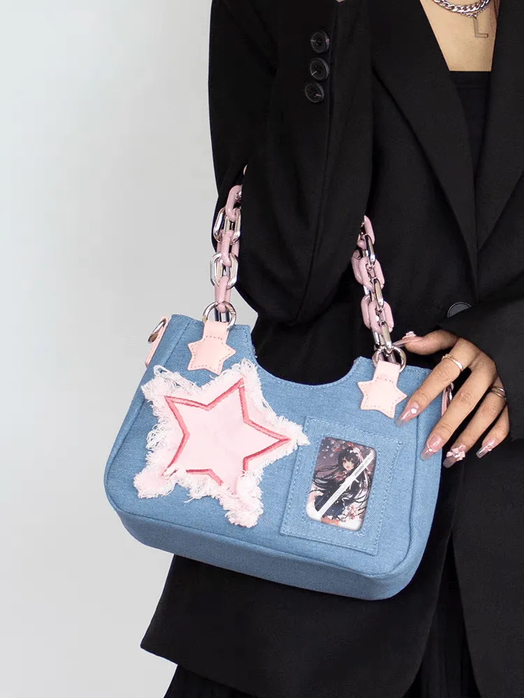 Pink Star Acrylic Chain Denim Crossbody Bag