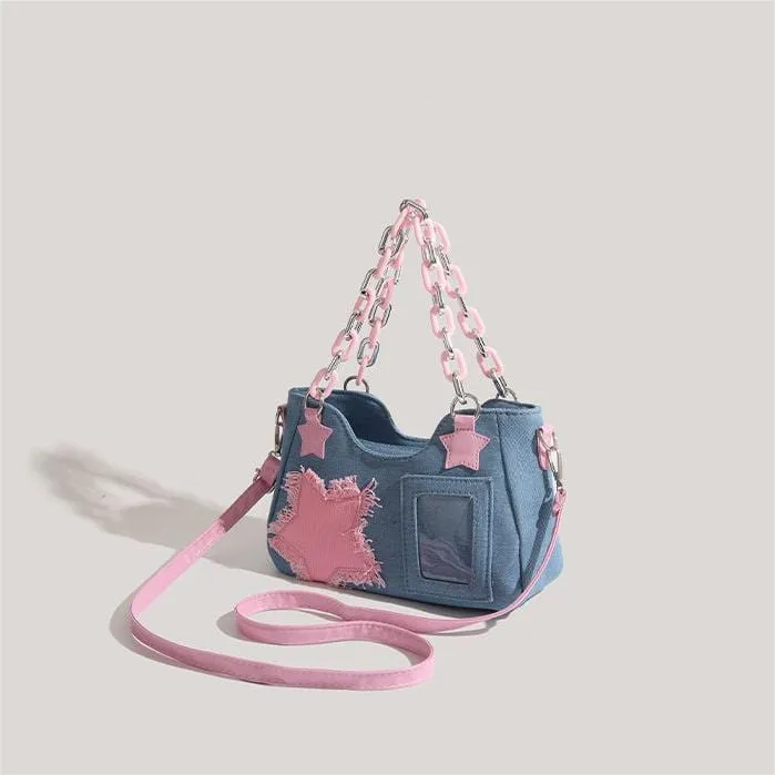 Pink Star Acrylic Chain Denim Crossbody Bag