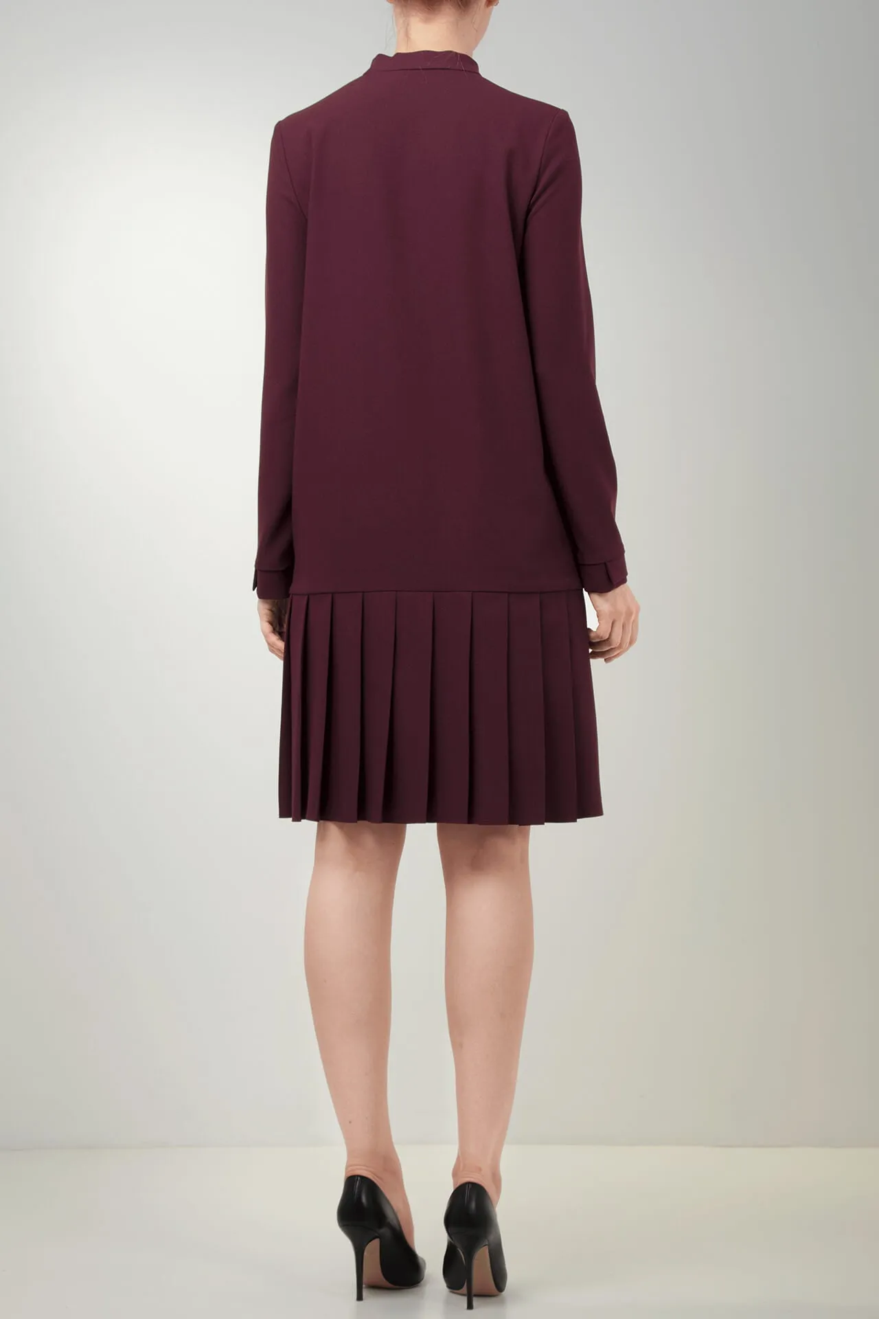 Pleated Burgundy Viscose-Blend Crepe Dress