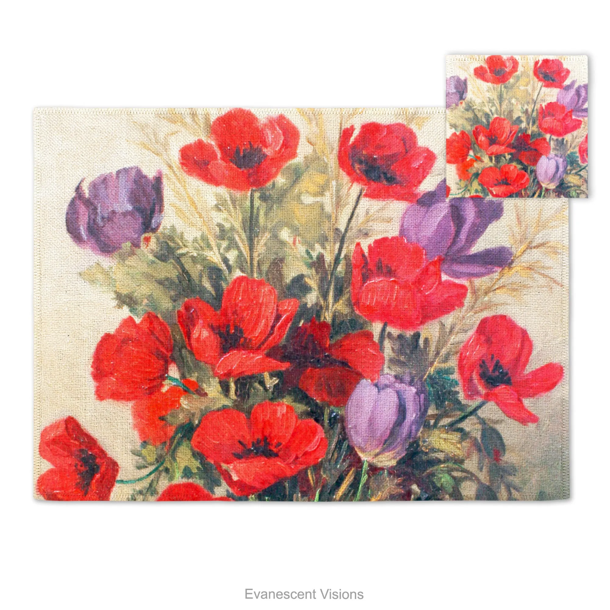 Poppies Floral Artistic Fabric Placemat and Coasters