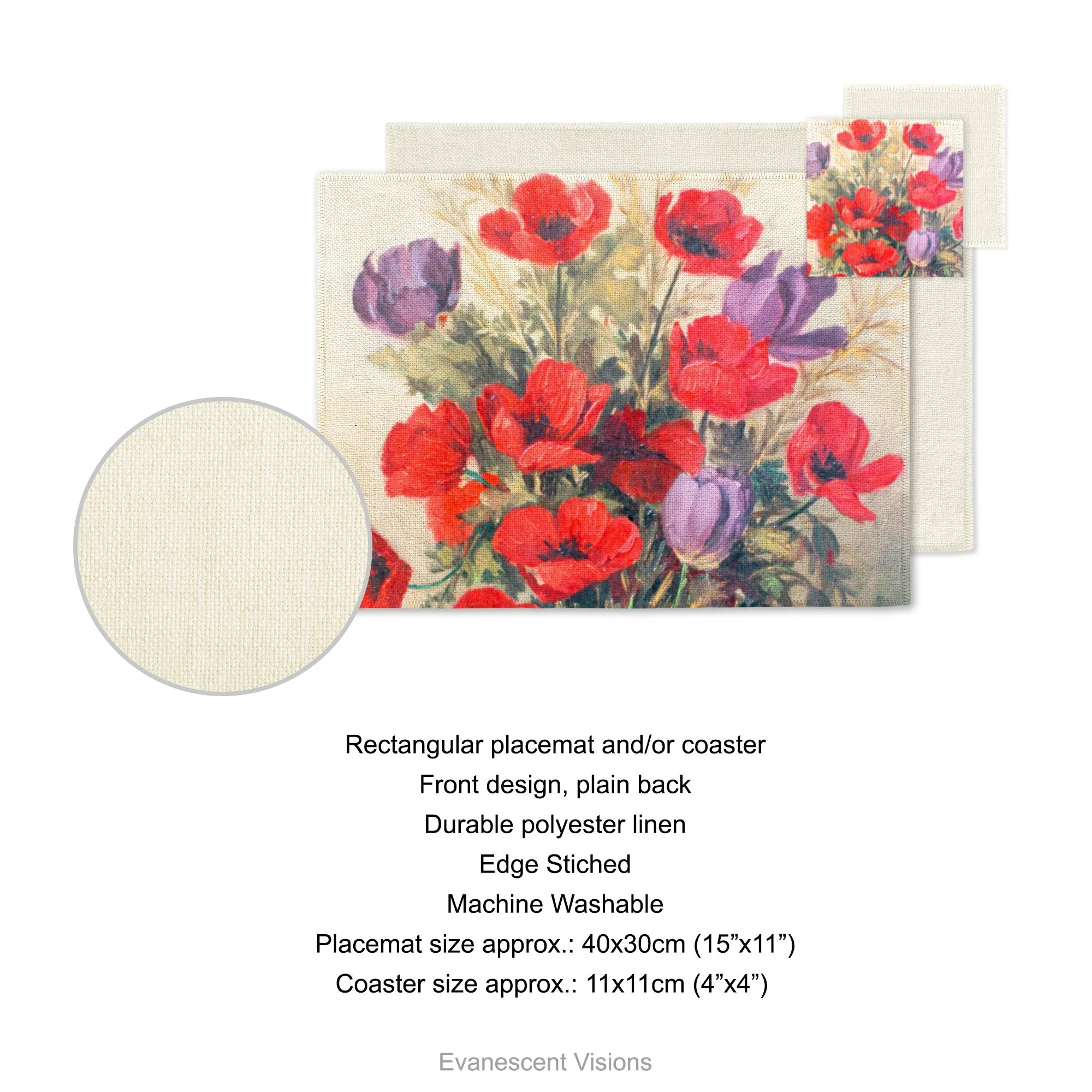 Poppies Floral Artistic Fabric Placemat and Coasters