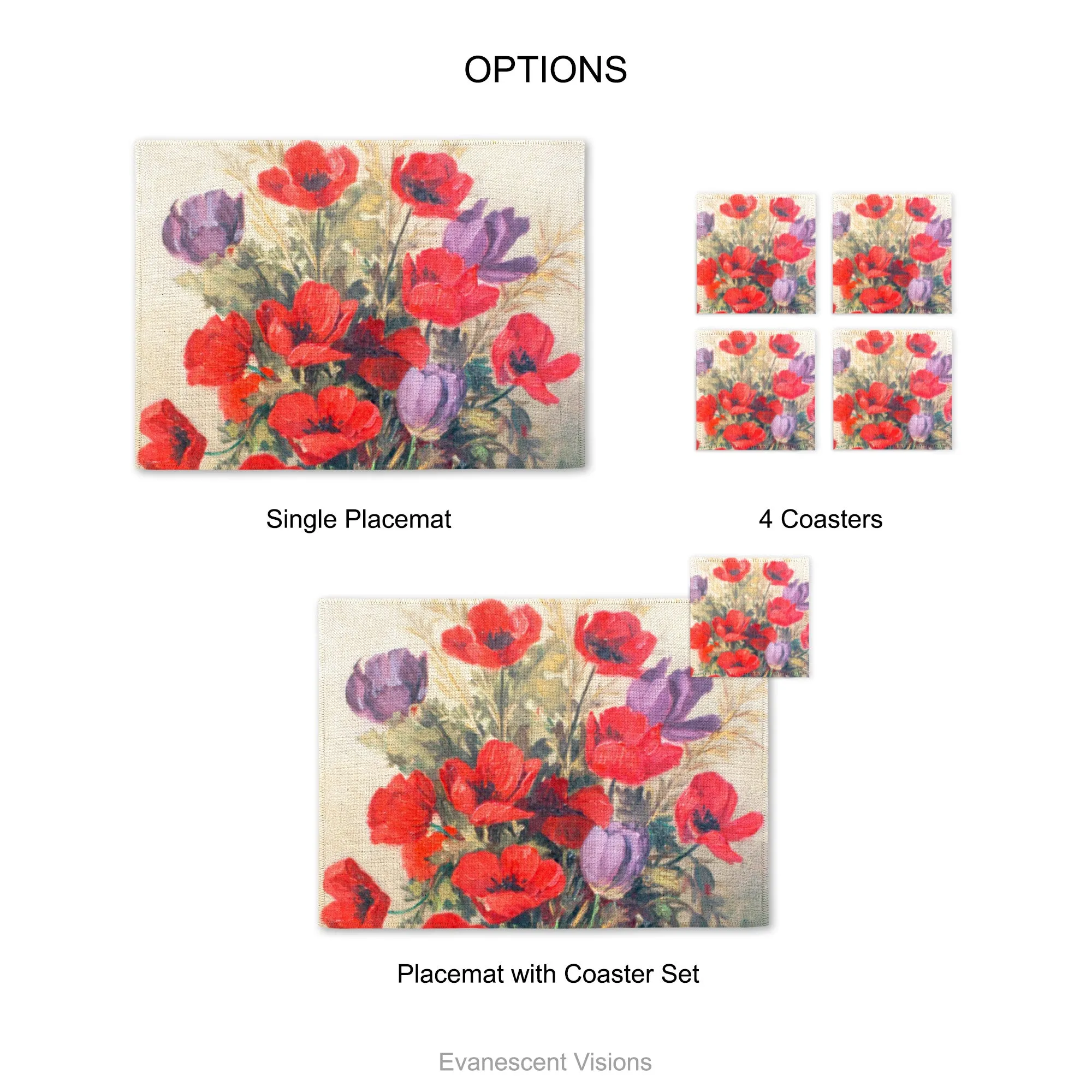 Poppies Floral Artistic Fabric Placemat and Coasters