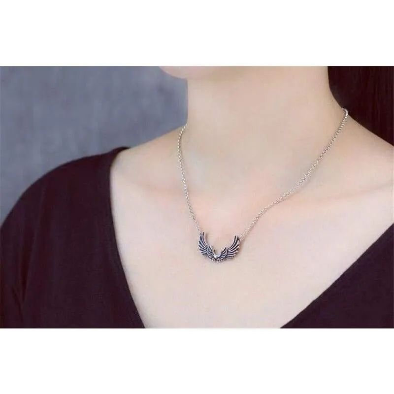 Pure Sterling Silver 925 Angel Wing Choker Necklace Women Oxide Thai Silver Necklace Fashion 925 Short Necklace Free Gift Box