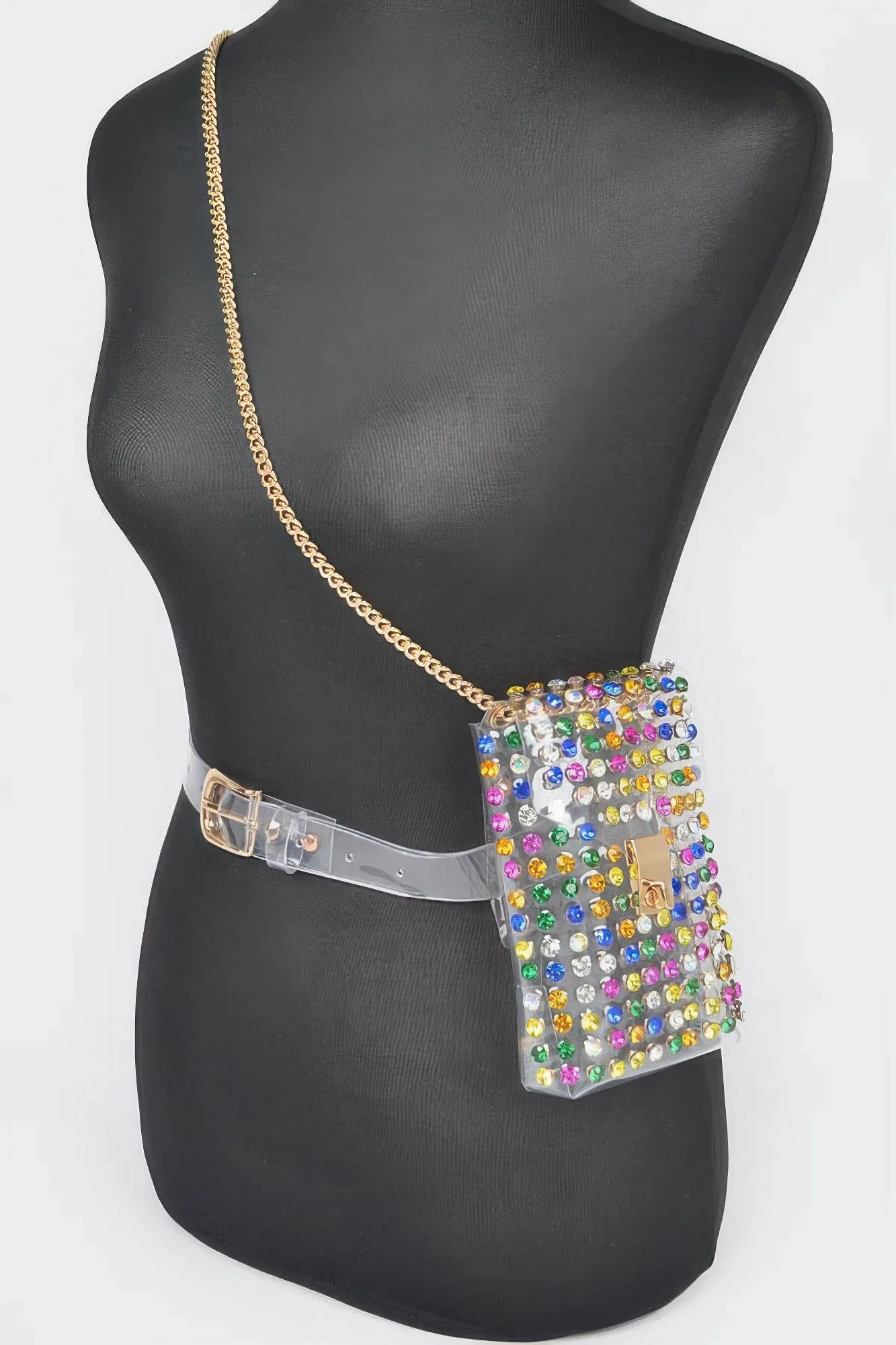 Rhinestone Clear Belt Bag W/chain