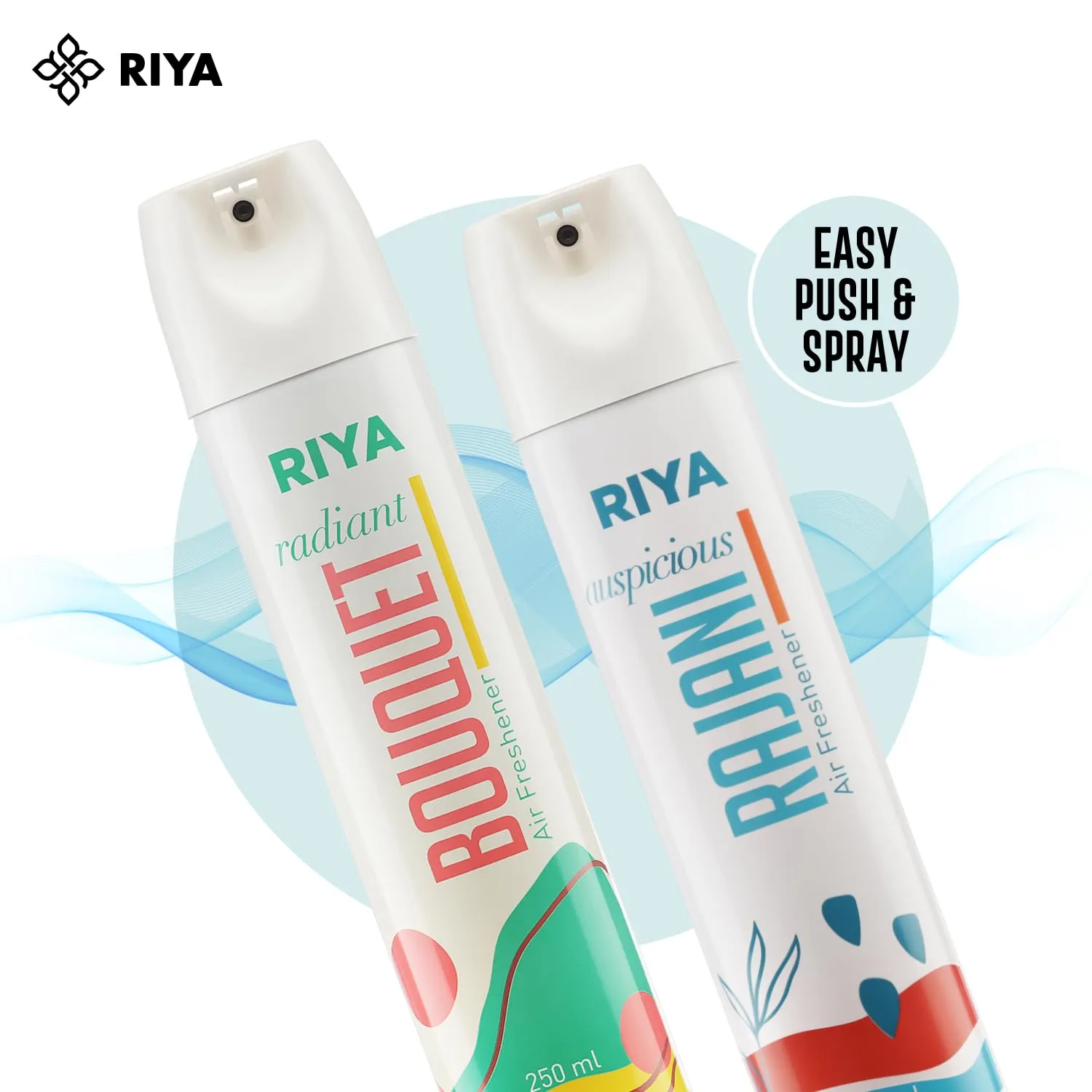 Riya Radiant Bouquet & Rajani Air Freshener Spray Combo (Pack Of 2, 250 ml each) | Odour Eliminating Room Freshener for Home & Office | Long-Lasting Fragrance | Germ-Free Formula For Clean Air