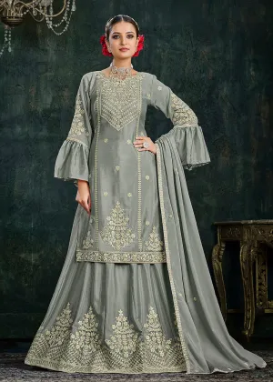 Sharara Top Style Gorgeous Grey Chinon Festive Lehenga Suit