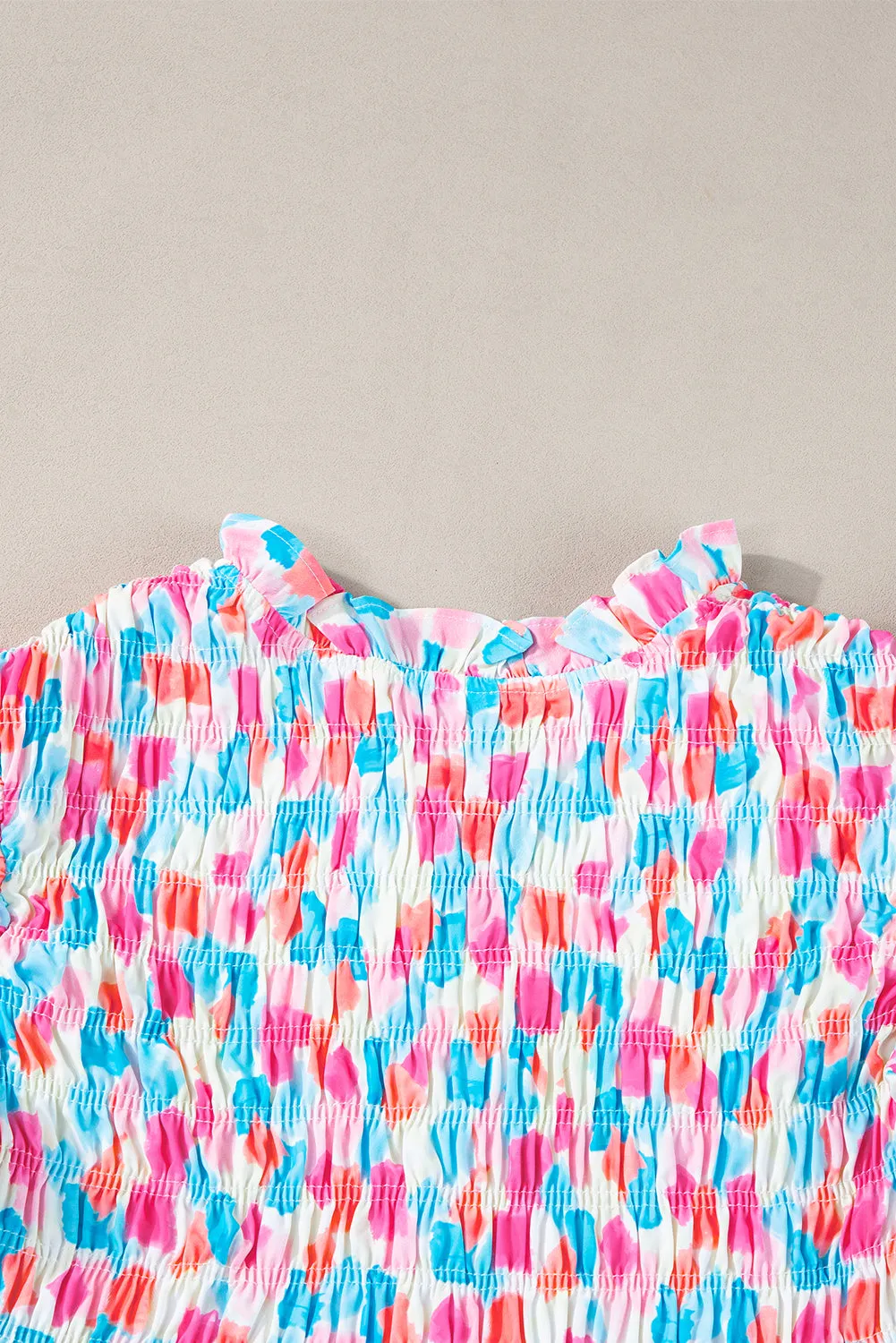 Sky Blue Shirred Yoke Ruffled Abstract Printed Blouse