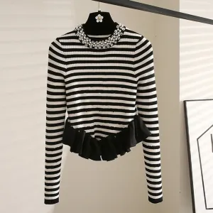 Slimming Spliced Pearls Sweaters For Women Round Neck Long Sleeve Patchwork Folds Knitting Sweater Female Fashion