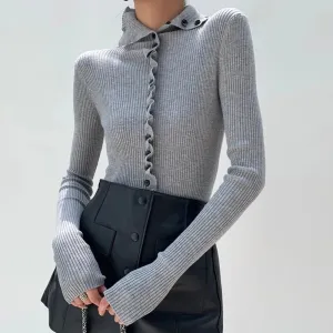 Solid Patchwork Single Breasted Knitting Sweaters For Women Lapel Long Sleeve Slimming Sexy Sweater Female Fashion