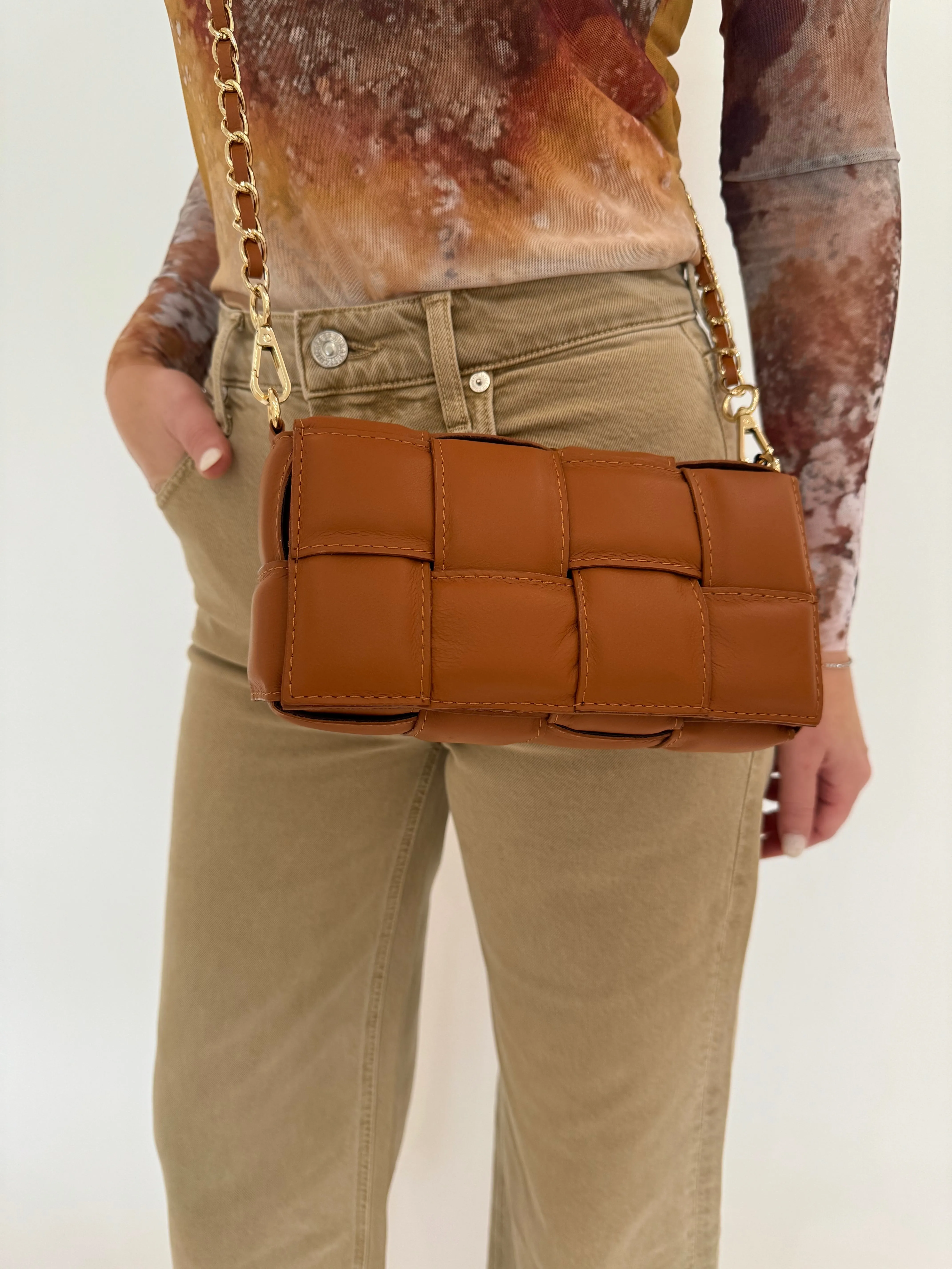 Square Weave Quilted Leather Bag - Camel