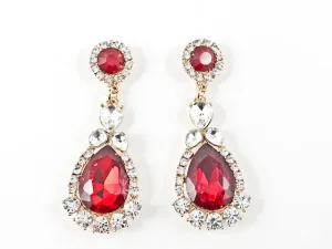 Stylish Elegant Round & Pear Shape Red Color Crystal Dangle Gold Tone Fashion Earrings