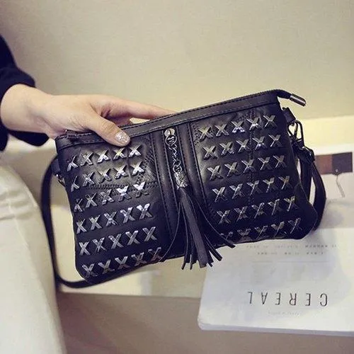 Stylish Rivet and Tassels Design Crossbody Bag For Women - Black