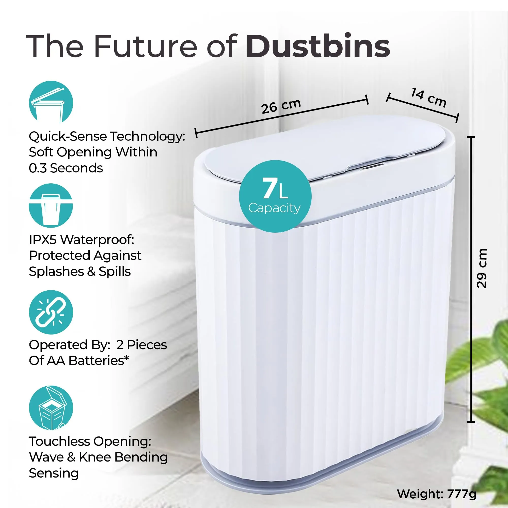 The Better Home 7L Dustbin For Kitchen | Dustbin For Bathroom | 29 cm Automatic Smart Sensor Dustbin For Bedroom | Steel Dustbin With Lid | Dustbin For Office | Garbage Bin - White & grey