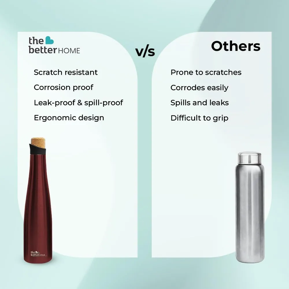 The Better Home Insulated Stainless Steel Water Bottle 750ml | 18 Hours Insulation Cork Cap | Hot Cold Gym Office School | Airtight Leak Proof BPA Free | Wine Colour | 1 Bottle Pack