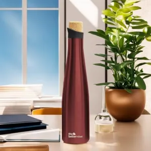 The Better Home Insulated Stainless Steel Water Bottle 750ml | 18 Hours Insulation Cork Cap | Hot Cold Gym Office School | Airtight Leak Proof BPA Free | Wine Colour | 1 Bottle Pack