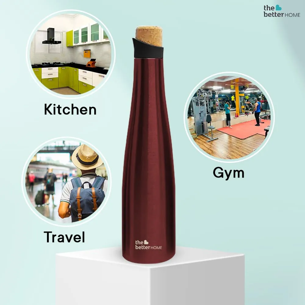 The Better Home Insulated Stainless Steel Water Bottle 750ml | 18 Hours Insulation Cork Cap | Hot Cold Gym Office School | Airtight Leak Proof BPA Free | Wine Colour | 1 Bottle Pack