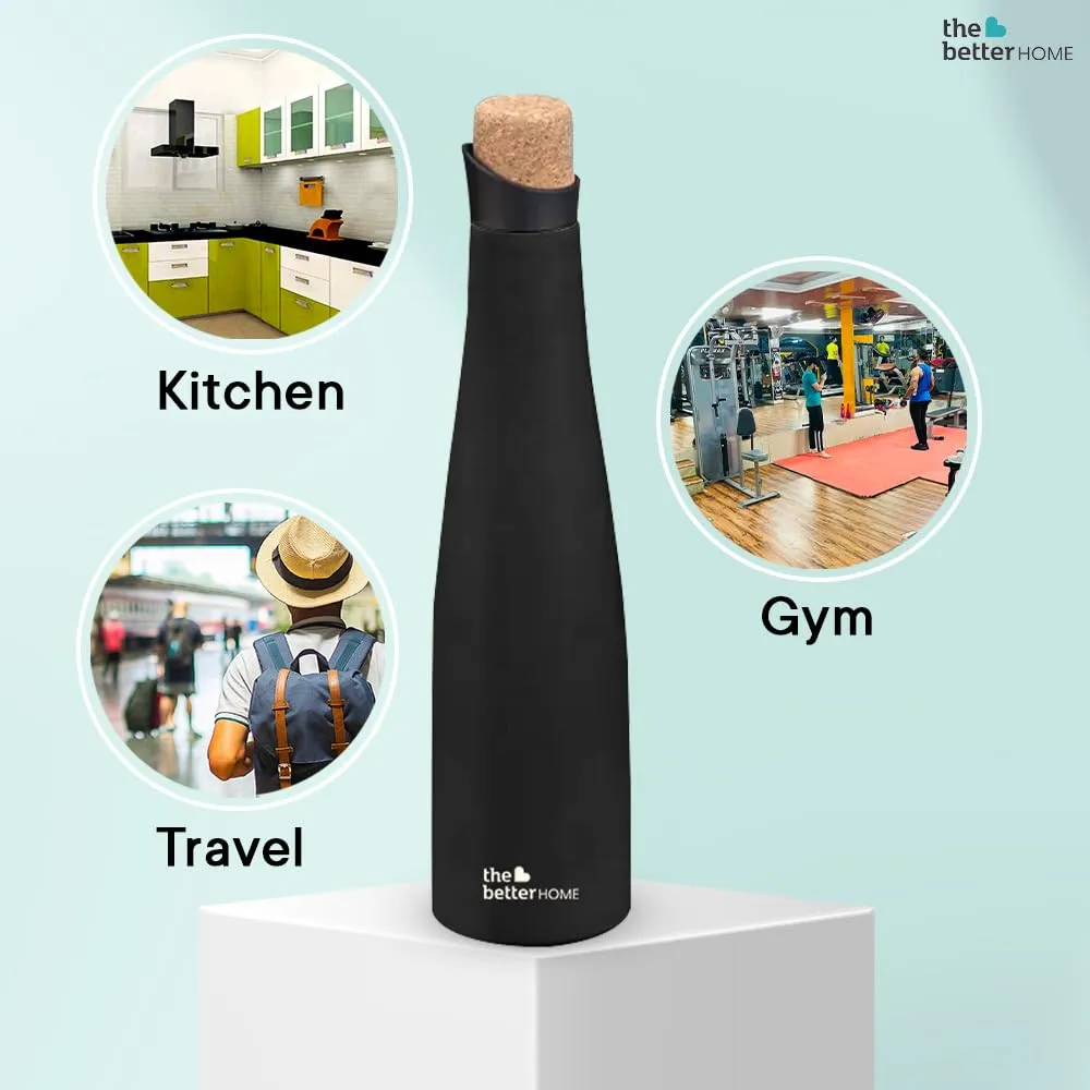 The Better Home Insulated Stainless Steel Water Bottle with Cork Cap | 18 Hours Insulation | Pack of 100-750ml Each | Hot Cold Water for Office School Gym | Leak Proof & BPA Free | Black Colour