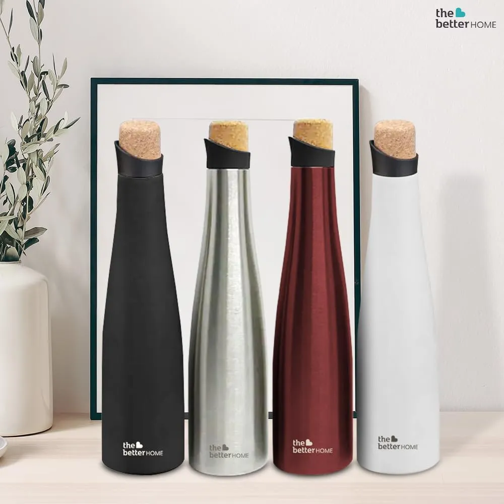 The Better Home Insulated Stainless Steel Water Bottle with Cork Cap | 18 Hours Insulation | Pack of 100-750ml Each | Hot Cold Water for Office School Gym | Leak Proof & BPA Free | Black Colour