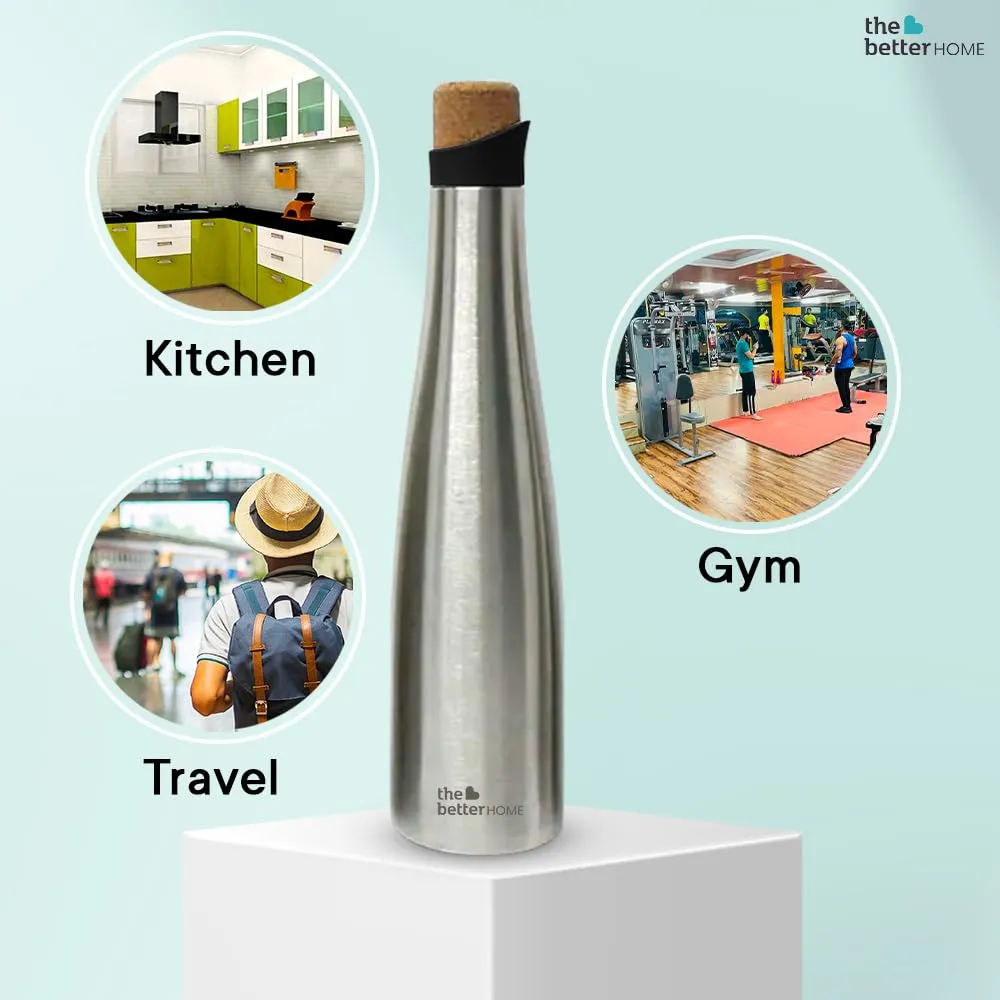 The Better Home Insulated Stainless Steel Water Bottle with Cork Cap | 18 Hours Insulation | Pack of 4-500ml Each | Hot Cold Water for Office School Gym | Leak Proof & BPA Free | Silver Colour