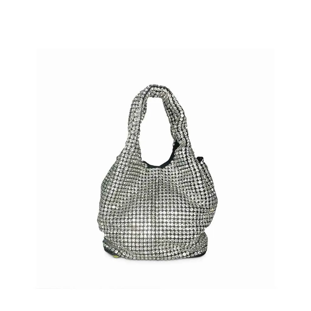 The Gracie Rhinestone Mini Bucket Tote Bag in silver