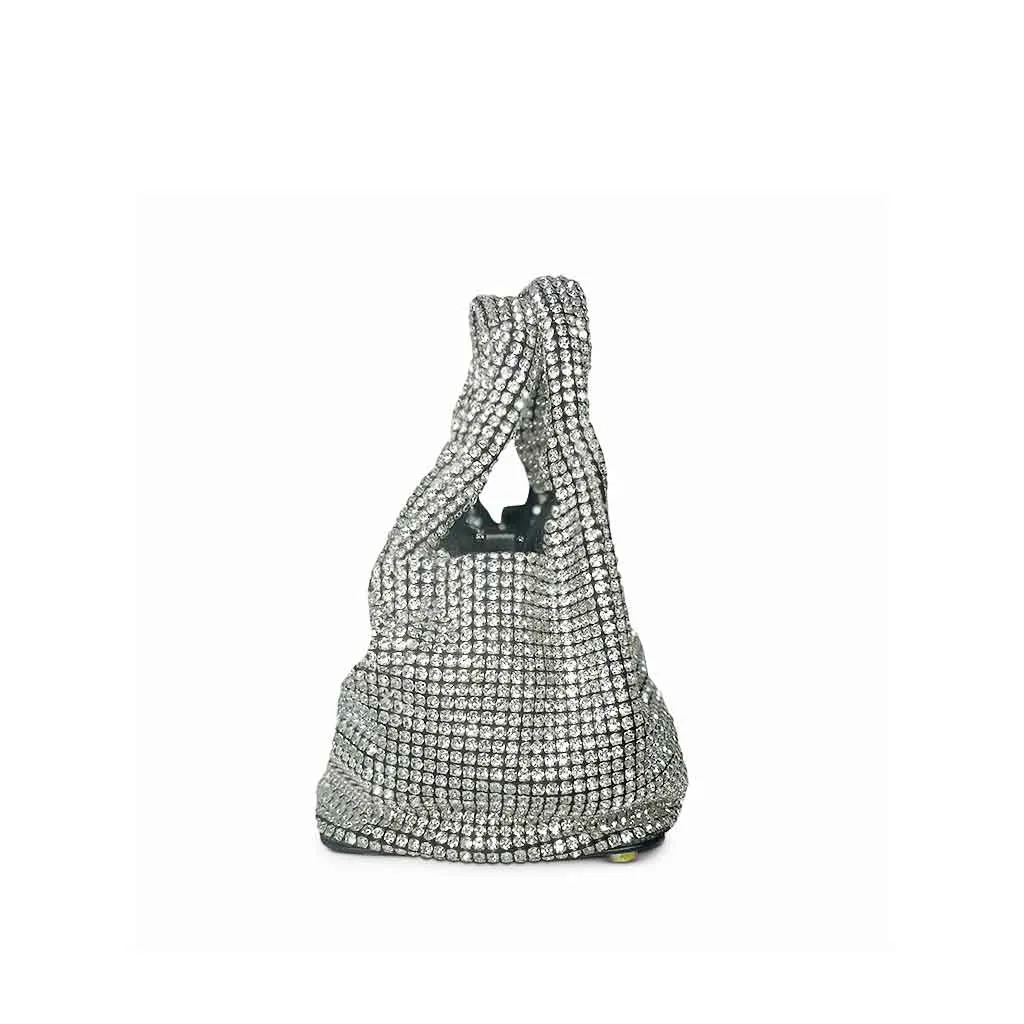 The Gracie Rhinestone Mini Bucket Tote Bag in silver