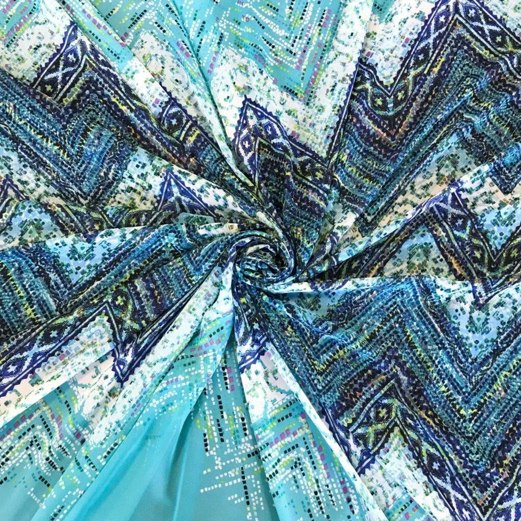 Turquoise Zig Zag Art Chiffon Fabric